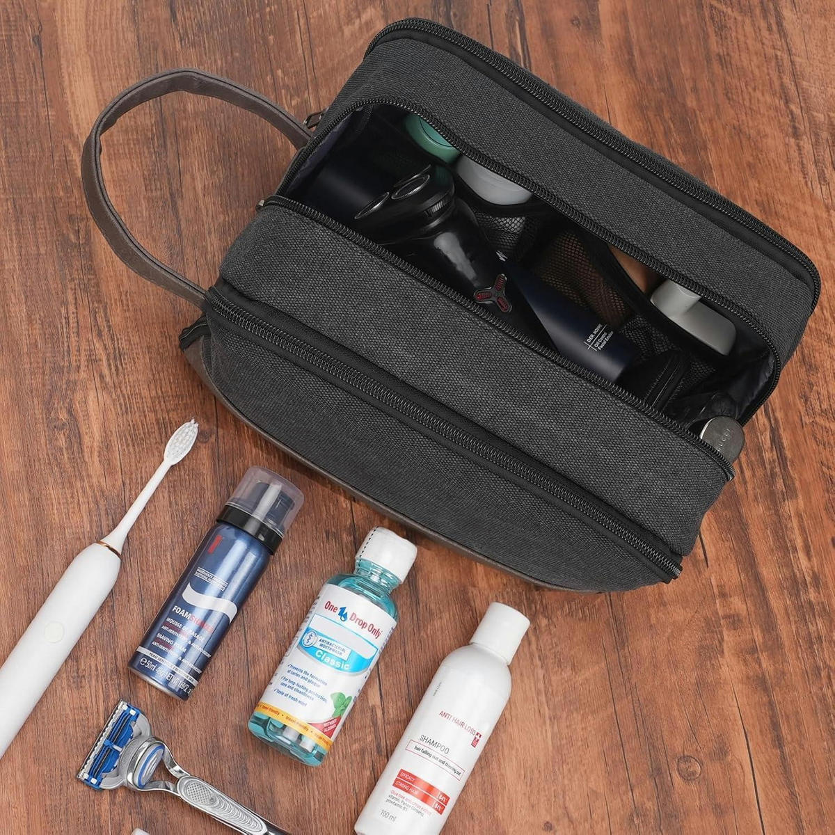 KULTURTASCHE Herren Schwarz Wasserabweisend Canvas Kunstleder 25 cm - Schwarz, Textil (16/13/25cm)