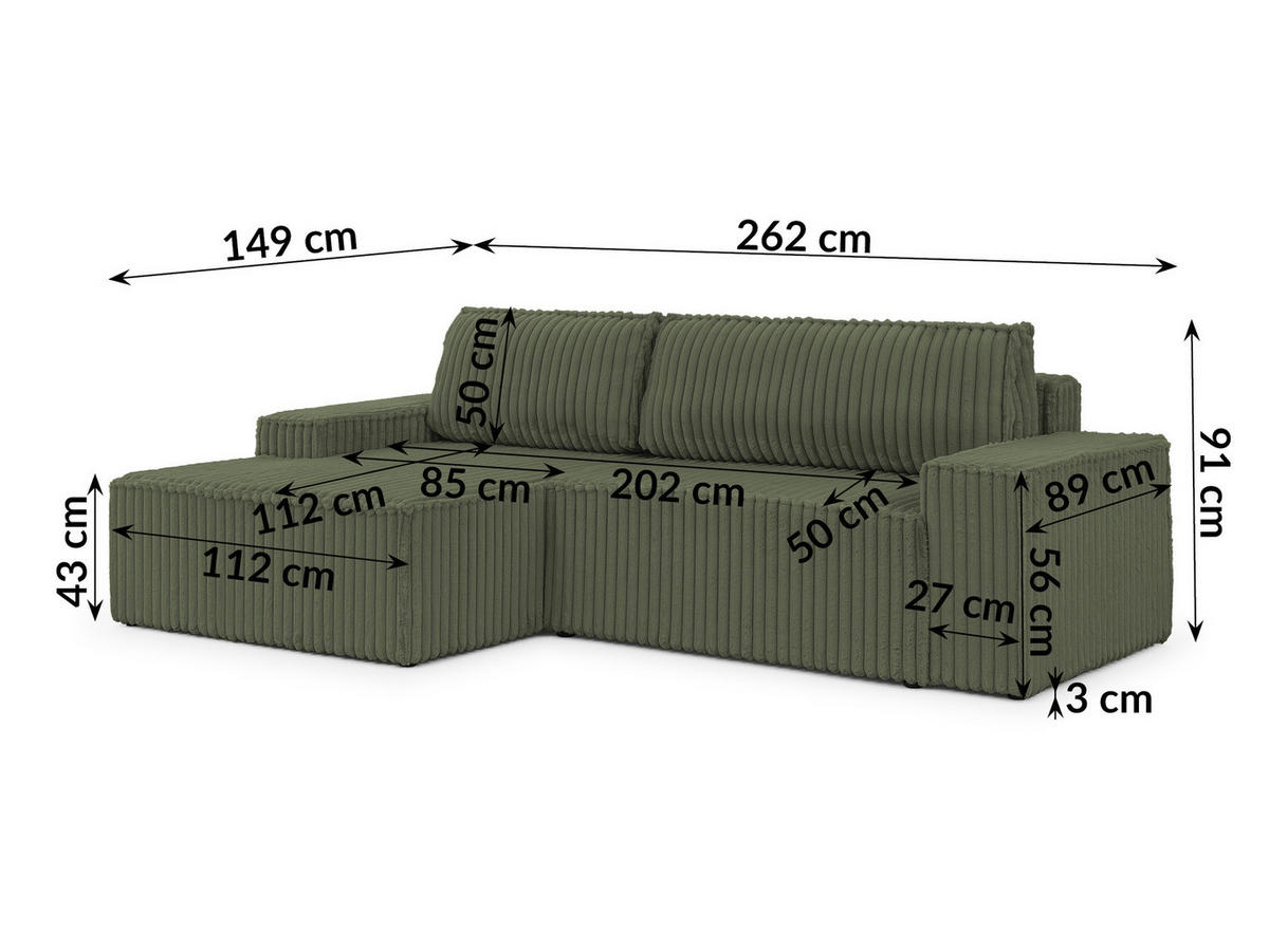 ECKSOFA Rivio mit Schlaffunktion und Bettkasten, Plüschcord Grün - Schwarz/Grün, Holz/Kunststoff (149/262cm) - S-Style