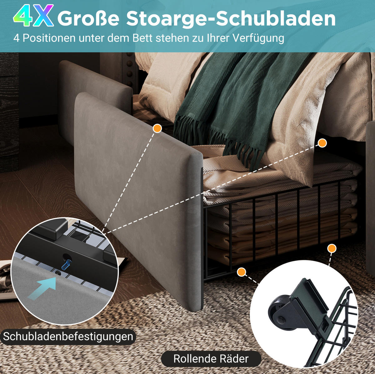 POLSTERBETT 180/200 cm grau aus Samt mit LED, USB-C und 4 Schubladen - Grau, Textil (180/200cm) - OKWISH