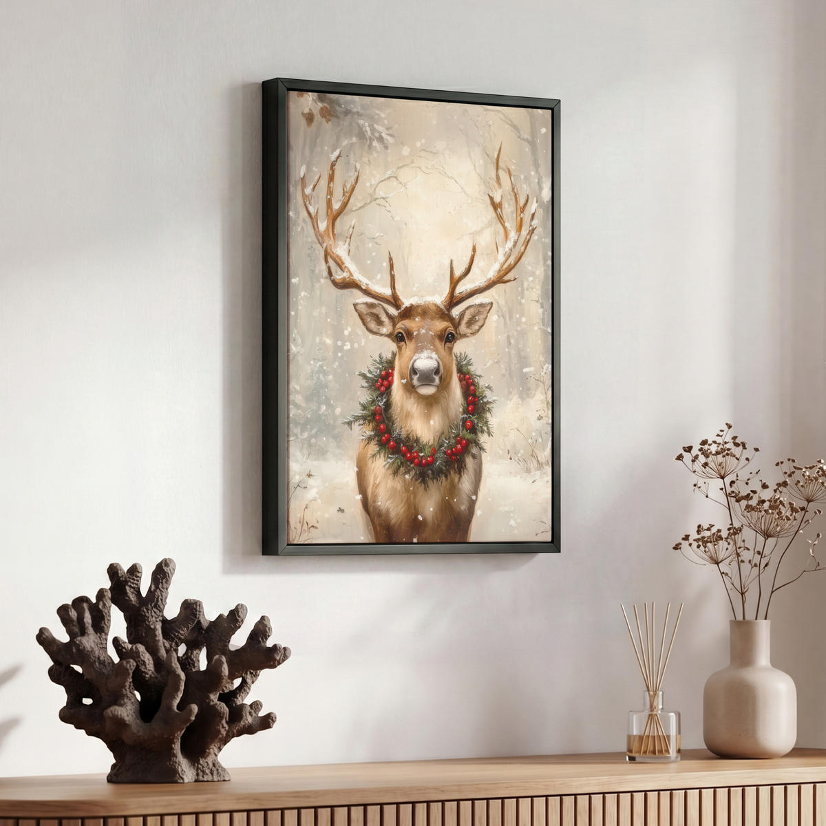 LEINWAND Bilder mit Rahmen - Weihnachten - Rentier - Winter - Kranz - 30x40 - Naturfarben, Textil (30/40cm) - MuchoWow
