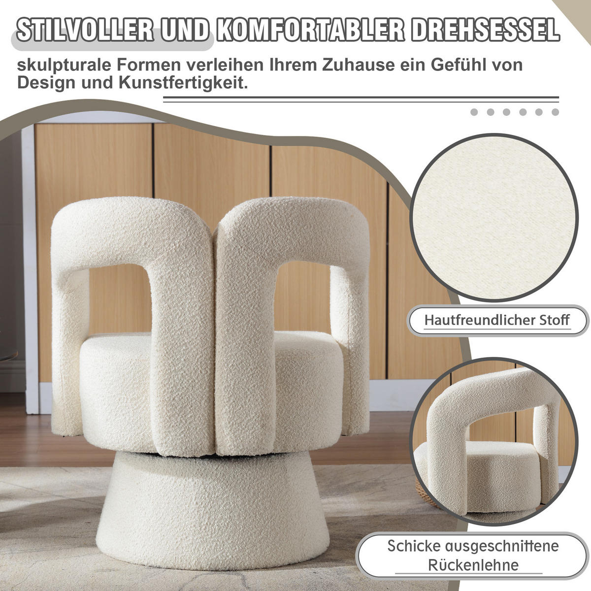 SESSEL Bouclé Beige drehbar - Beige, Holzwerkstoff/Textil (67/74/54cm) - WISHDOR