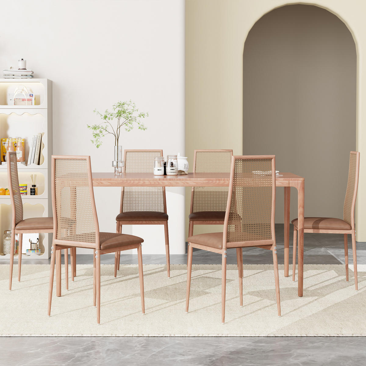 KÜCHENSTÜHLE 2er-Set mit Rattanlehne, Kunstleder & schwarzen Beinen - Ecru, Holz (44/97.5/40cm)