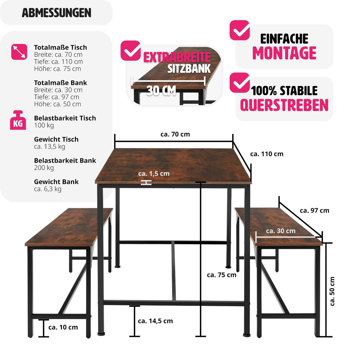 SITZGRUPPE Bolton,mit höhenverstellbaren Kunststofffüßen,Industrial Holz dunkel, rustikal - Rostfarben, Holz (130/75/100cm) - tectake