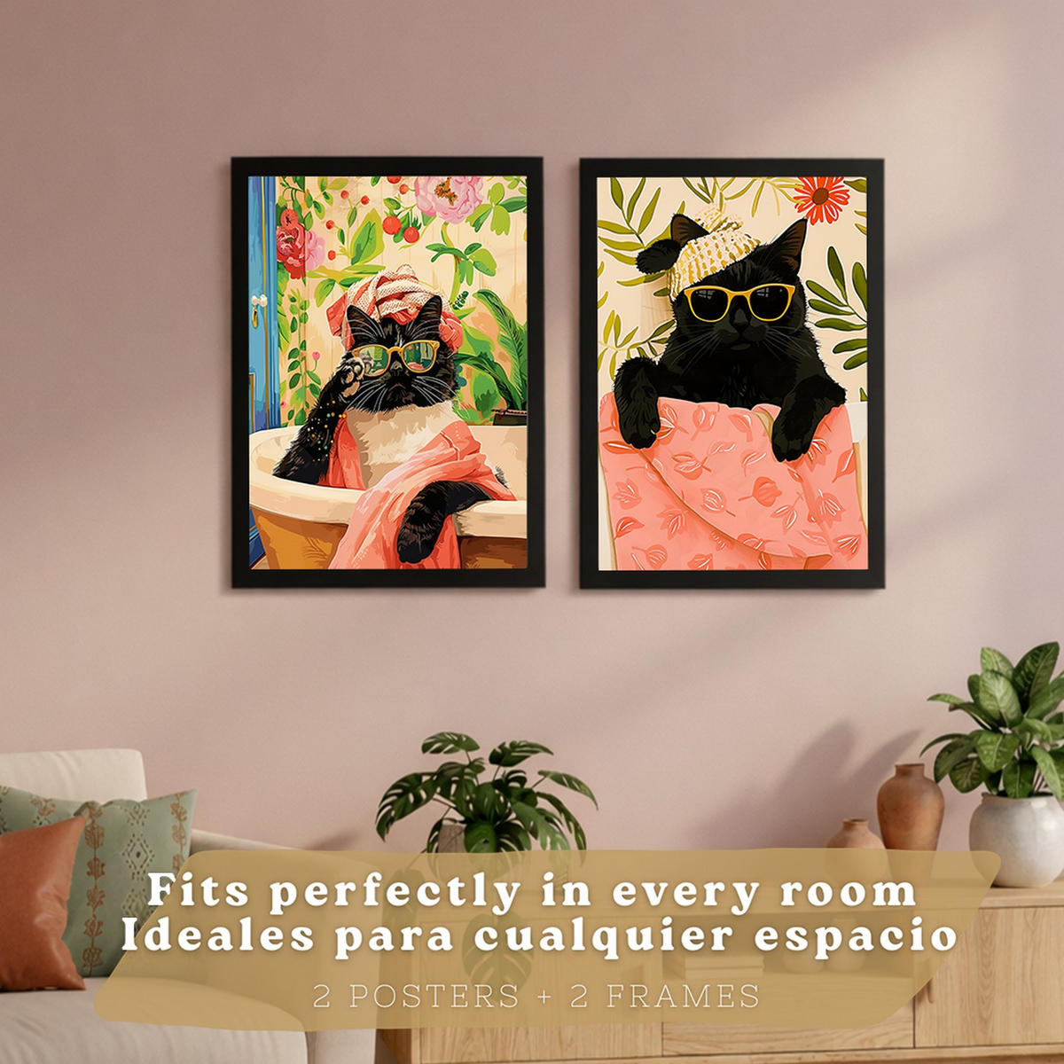 PLAKAT Sada 2 Černá kočka A3 Černý rám - černá, papír (29.7/1/42cm) - Nacnic