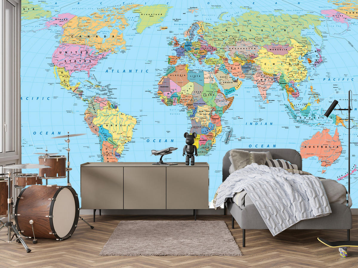 FOTOTAPETE für Wohnzimmer Politische Weltkarte Kontinente 200x140 - Gelb/Rosa, Papier (200/140cm) - Muralo