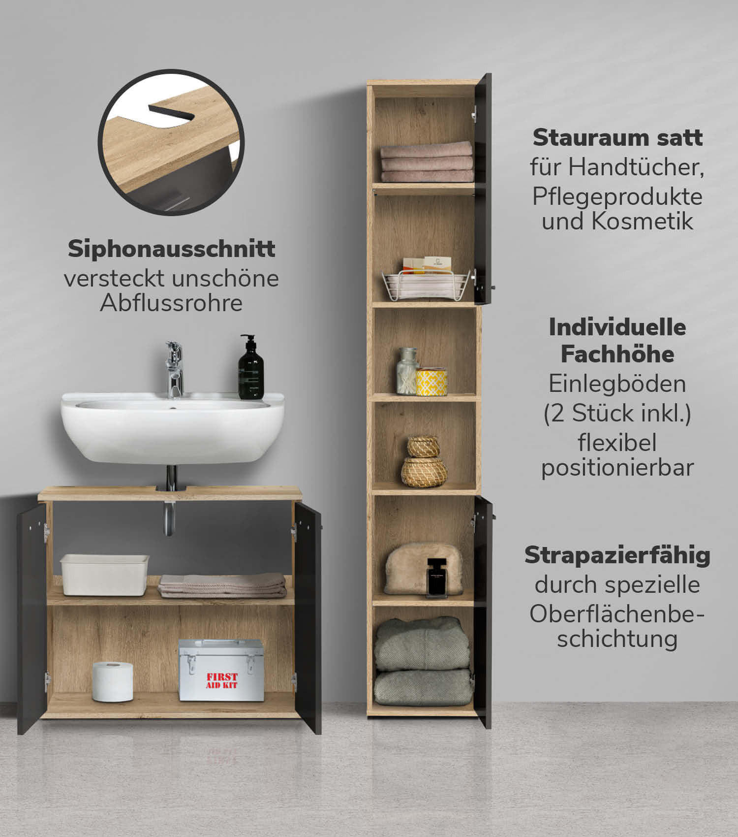 BADMÖBEL-SET 2-teilig Der Steuermann - Anthrazit, Holzwerkstoff (103/180/34cm) - Mokebo