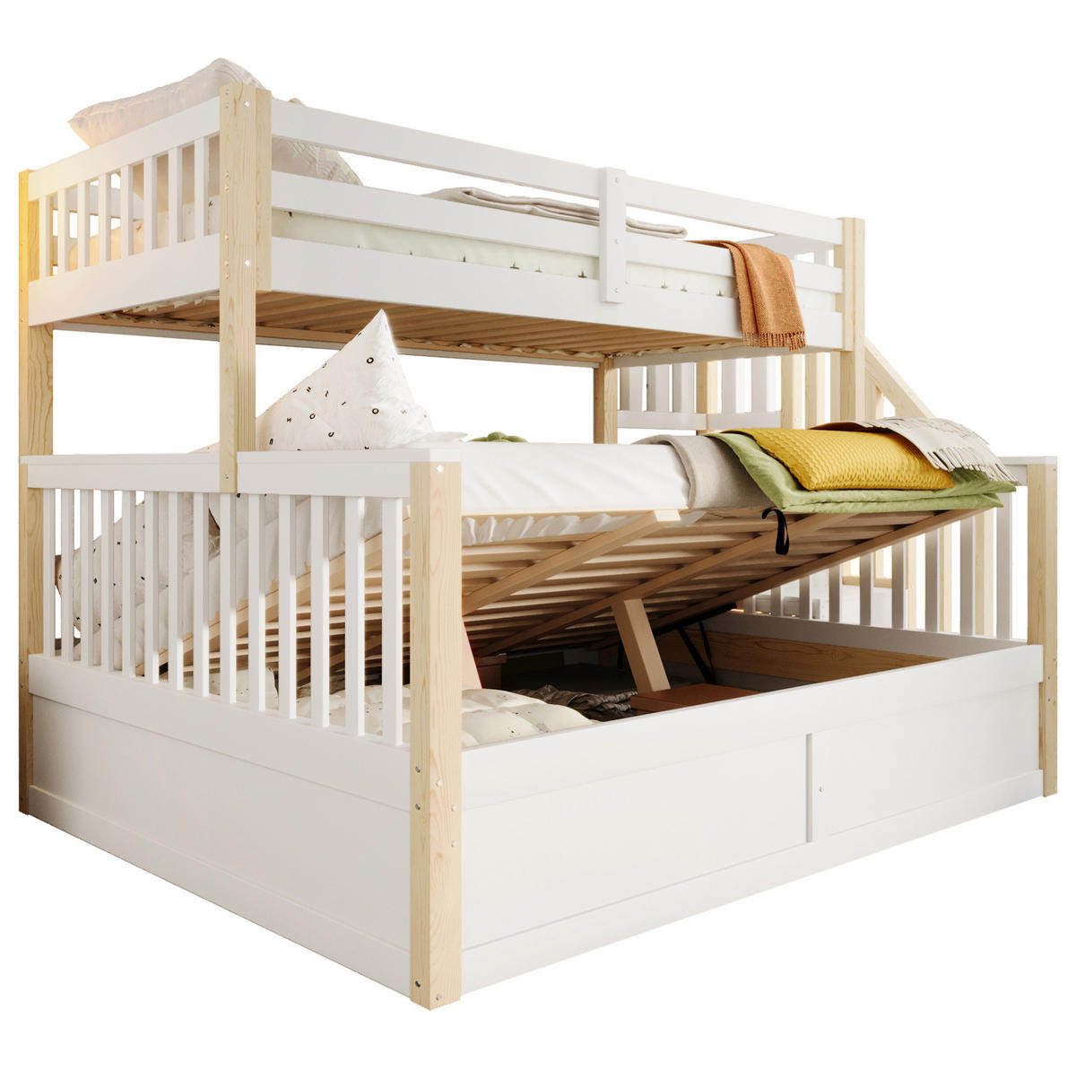 ETAGENBETT 90/200 + 140/200 cm aus Kiefer und MDF mit hydraulischem Stauraum und Treppe Weiß/Natur - Weiß, Holz (90/200cm) - Modenvie