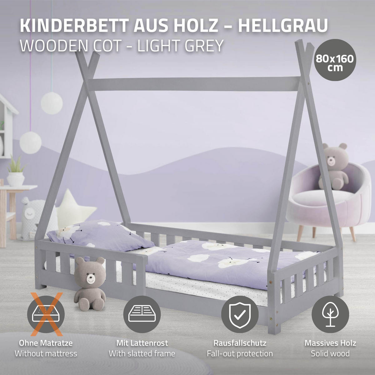 KINDERBETT Tipi 80x160 cm Hellgrau - Hellgrau, Holz (80/160cm) - ML-DESIGN