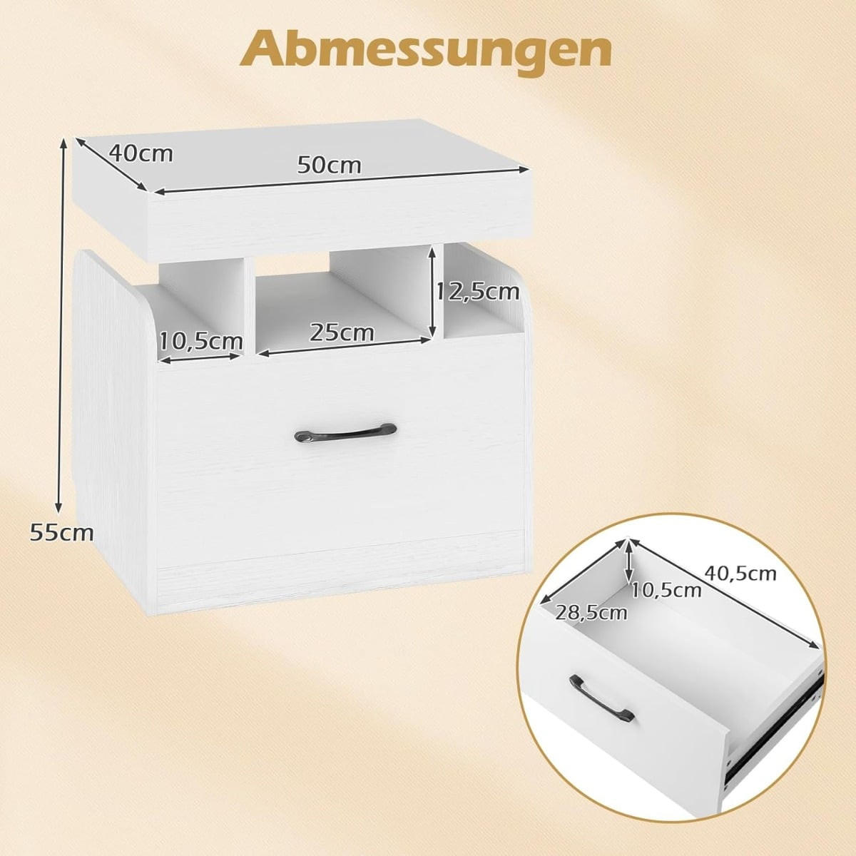 NACHTTISCH mit integrierter Ladestation, 1 Schublade, 3 offene Fächer, 50 x 40 x 55 cm, Weiß - Weiß, Holzwerkstoff/Metall (50/55/40cm) - DESIGN IN
