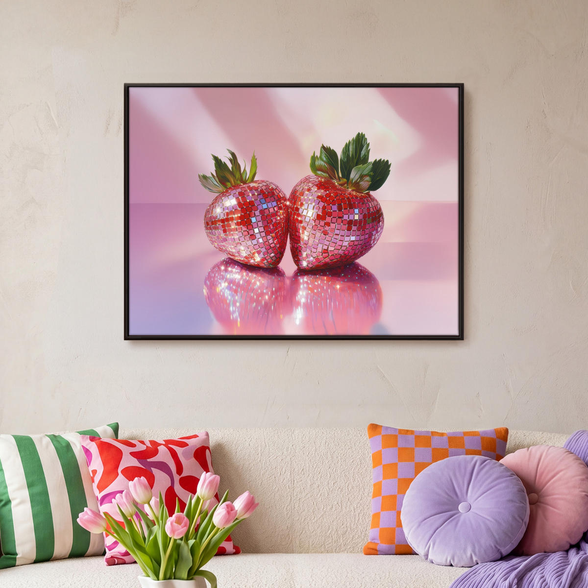 LEINWAND Bilder mit Rahmen - Disco - Obst - Glitzer - Erdbeere - 70x50 - Pink, Textil (70/50cm) - MuchoWow