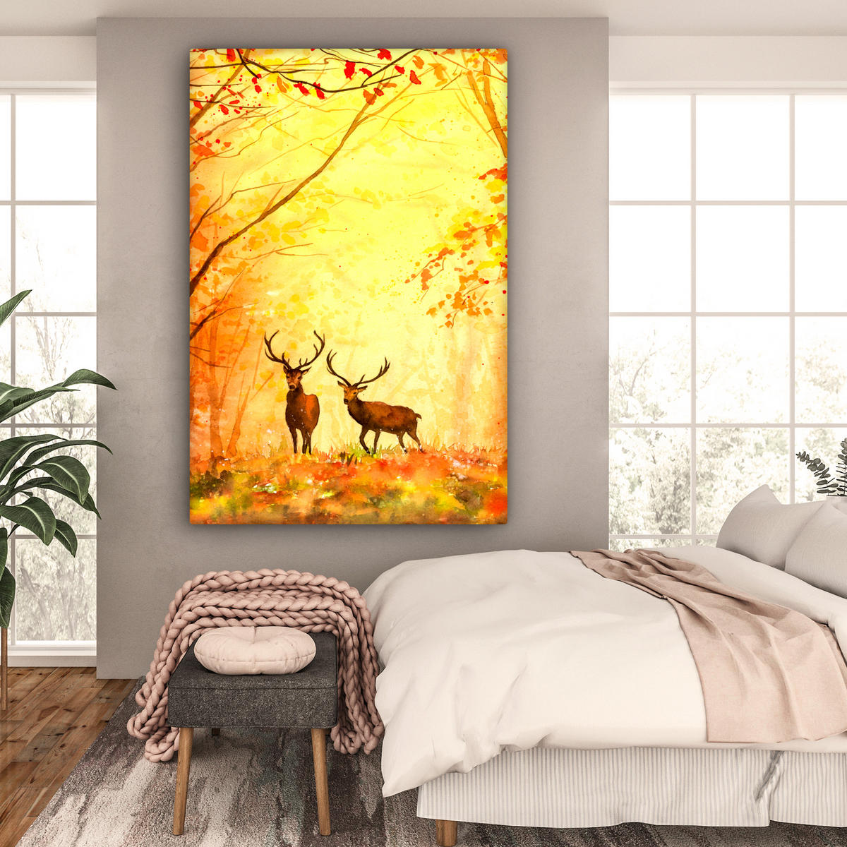 SLIKA NA PLATNU Jeleni 90x140 cm - oranžna, tekstil (90/140cm) - MuchoWow