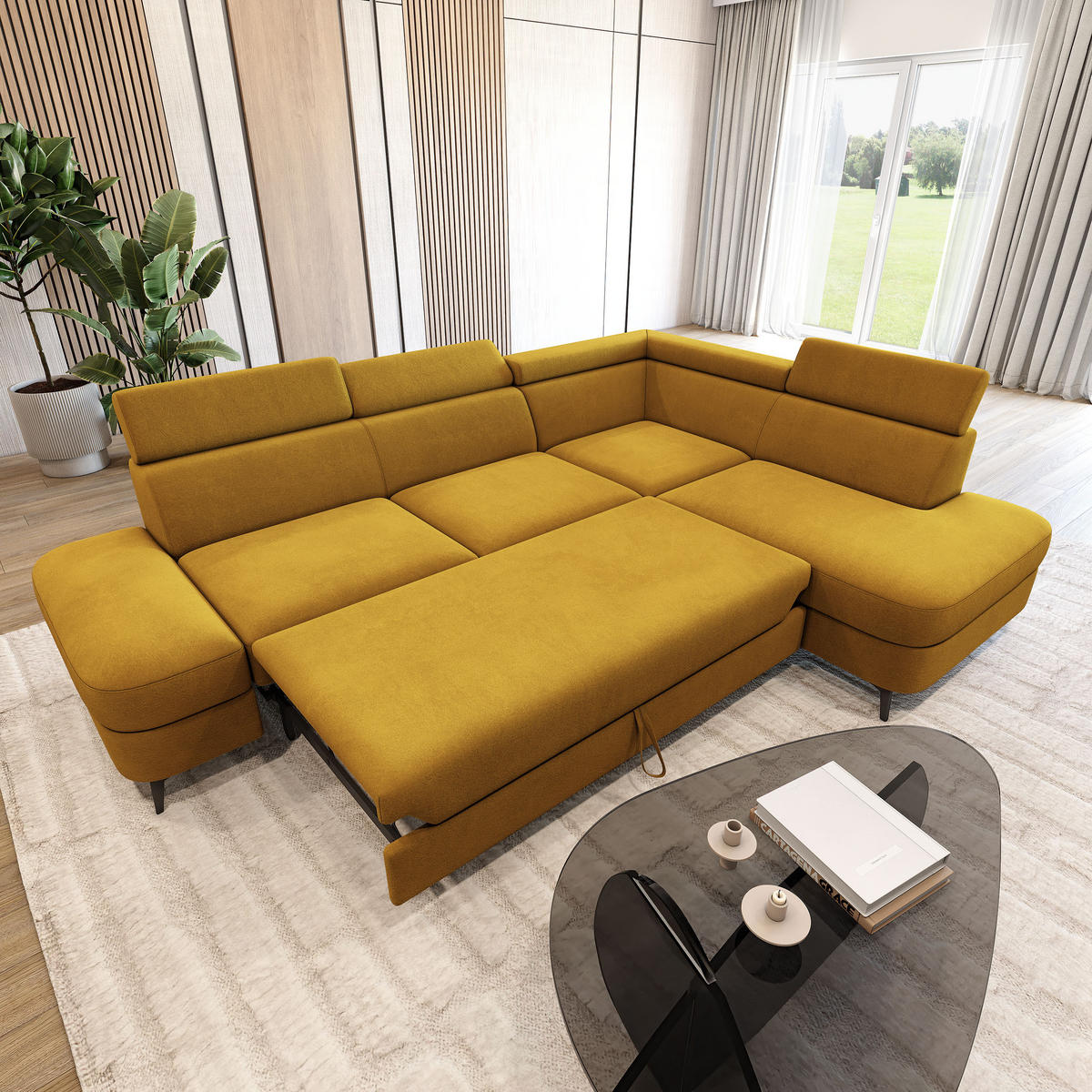 ECKSOFA AVISE MV R-S Gelb Velours-Stoff mit Schlaffunktion - Gelb, Holzwerkstoff/Textil (268/195cm) - MASSENO