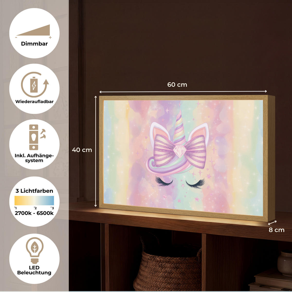 DOBÍJECÍ NOČNÍ LAMPIČKA Jednorožec - Třpytky - Duha - Pastelové barvy 60x40 cm - světle růžová, kompozitní dřevo (8/60/40cm) - OnlyWow
