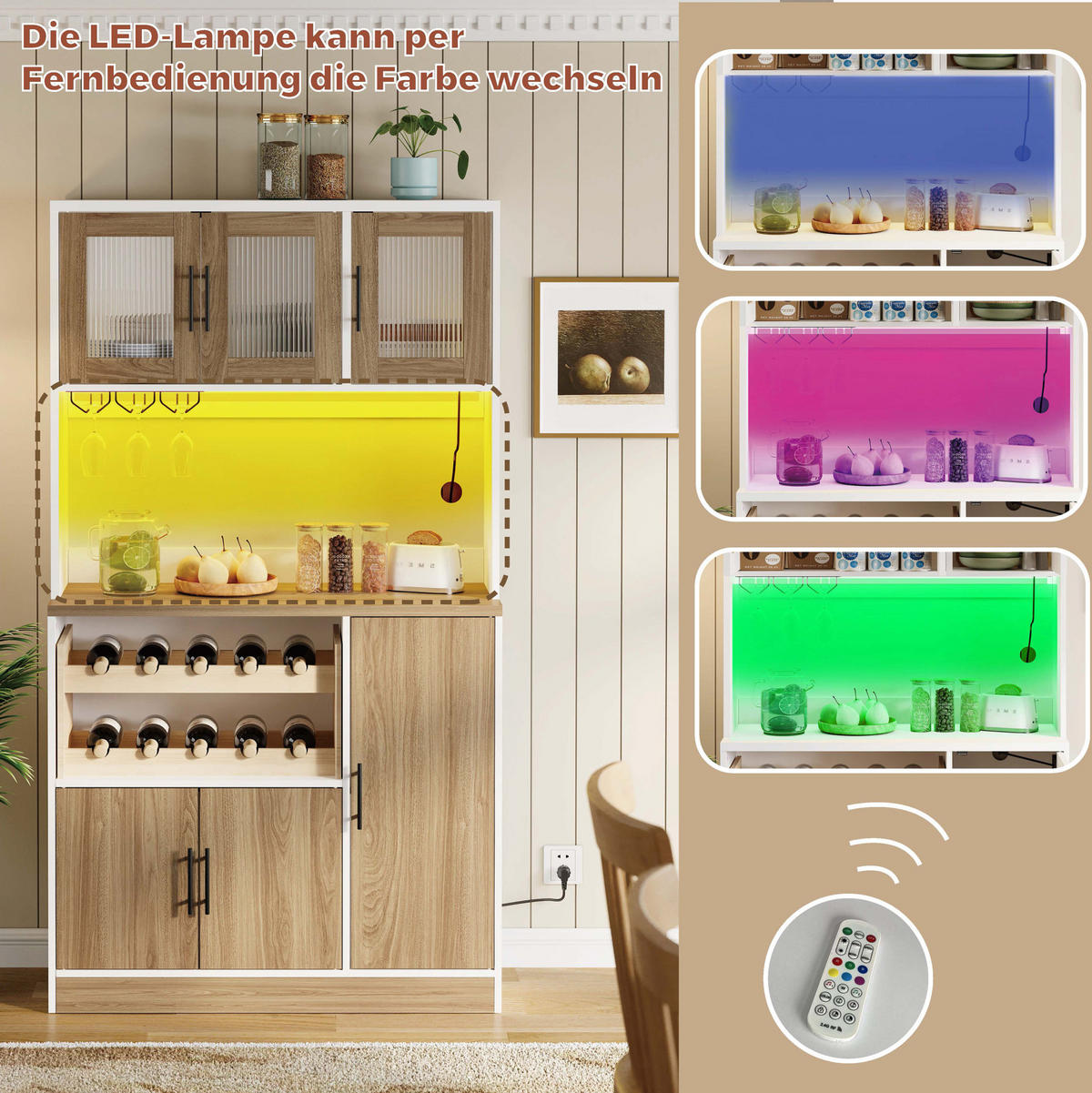 BUFFETSCHRANK 40/100/180 cm aus MDF mit LED-Beleuchtung, Steckdosenleiste und Weinregal, Weiß/Natur - Weiß, Holzwerkstoff (100/180/40cm) - Redom