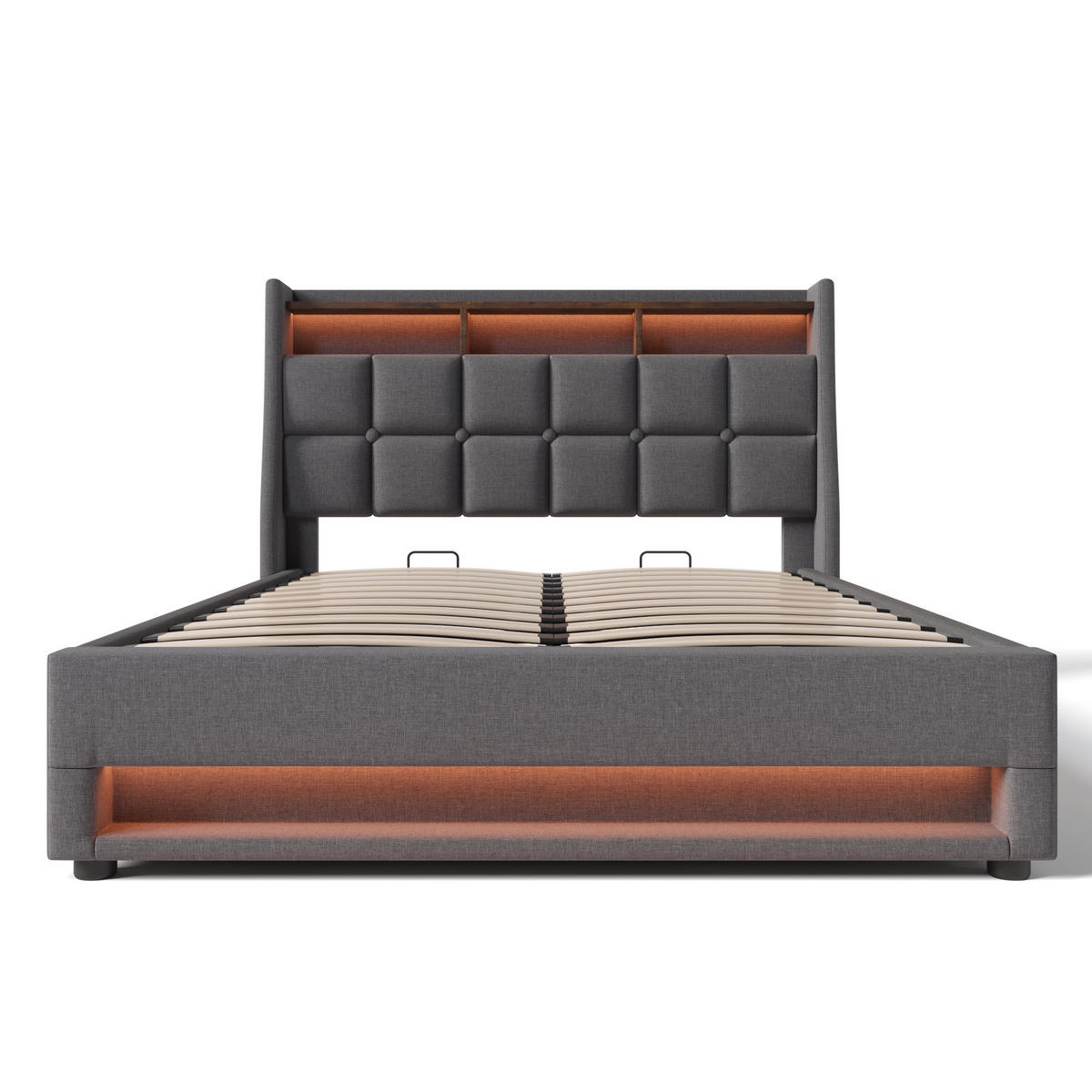 POLSTERBETT 180/200 cm mit LED-Beleuchtung, USB-Anschluss und Bettkasten aus Leinenstoff, Grau/Hellbeige - Grau, Textil (180/200cm) - Redom