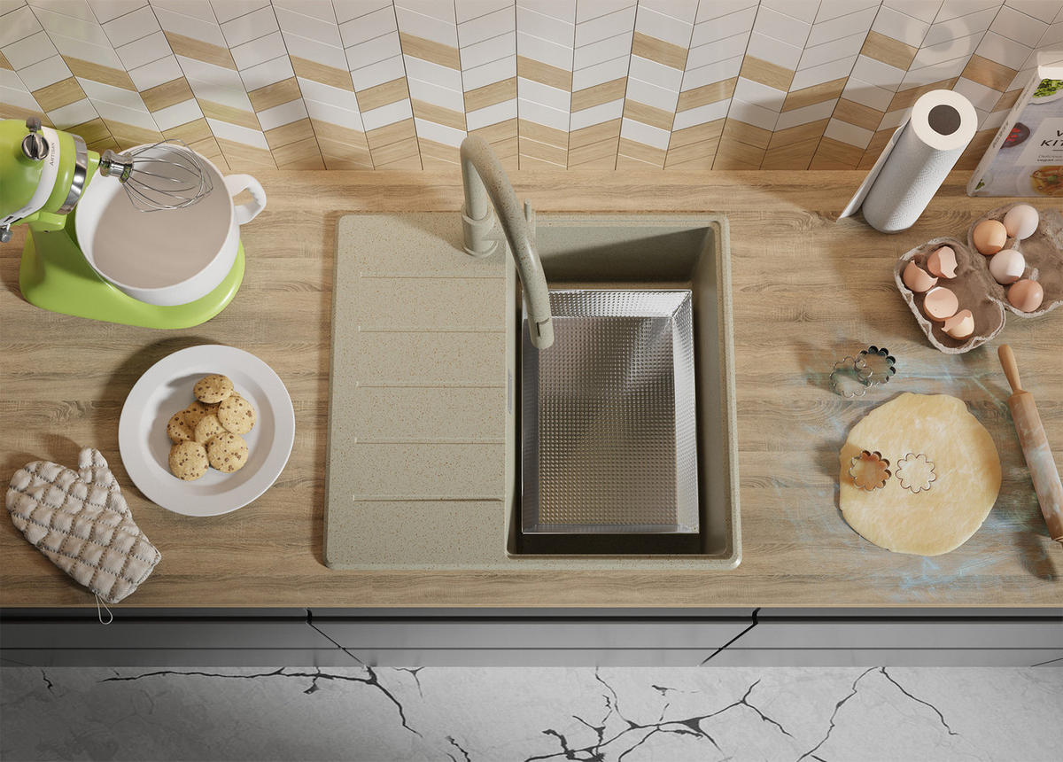 GRANITSPÜLE Kopenhagen, 2-er set Beige 55/50 cm 1 Becken + Küchenarmatur 32/20 cm + Ablauf-Set + Schneidebrett ab 40er Unterschrank - Beige, Kunststoff (55/20/50cm) - Primagran