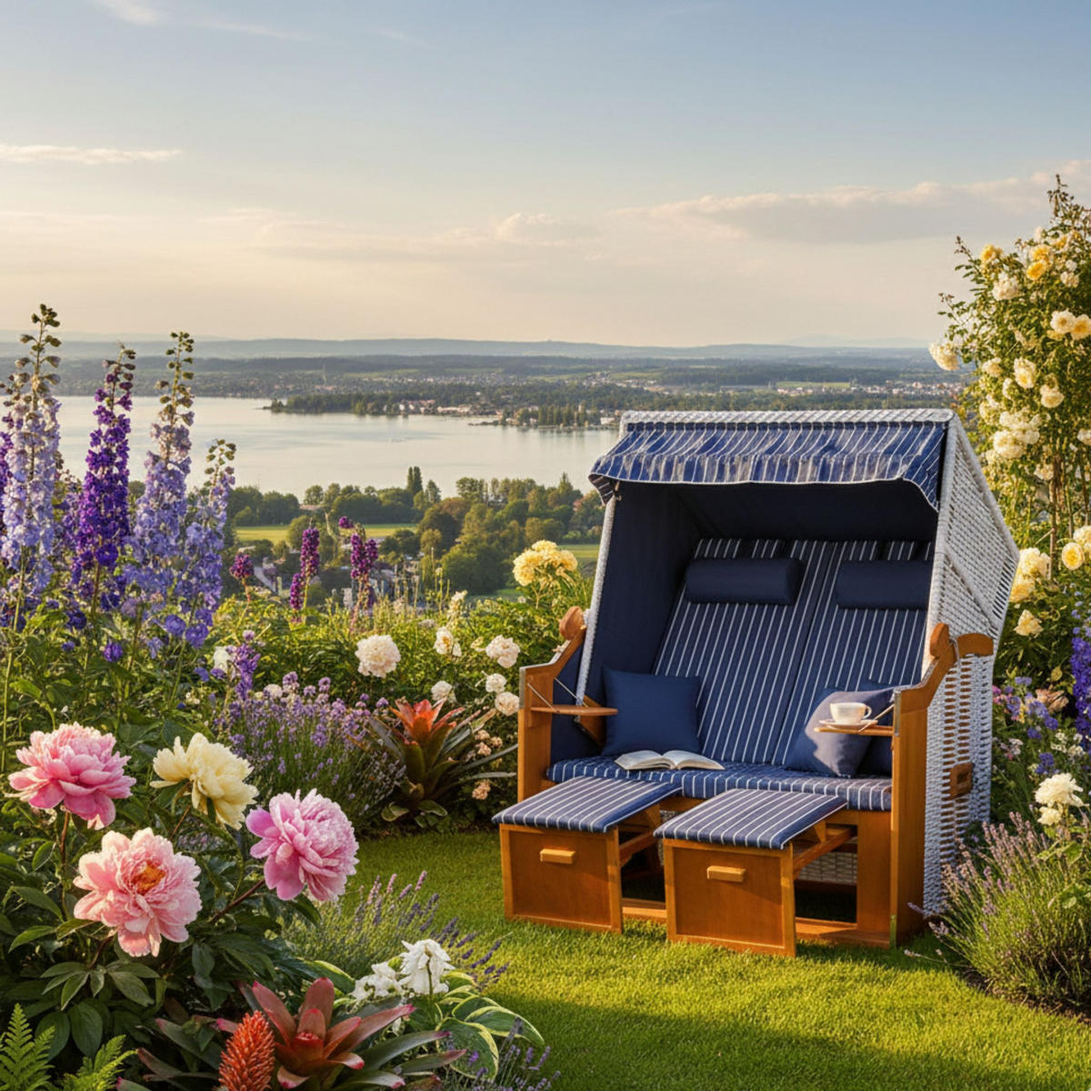 STRANDKORB Ostsee 2-Sitzer PE weiß - Blau/Braun, Metall (120/160/80cm) - Mr. Deko