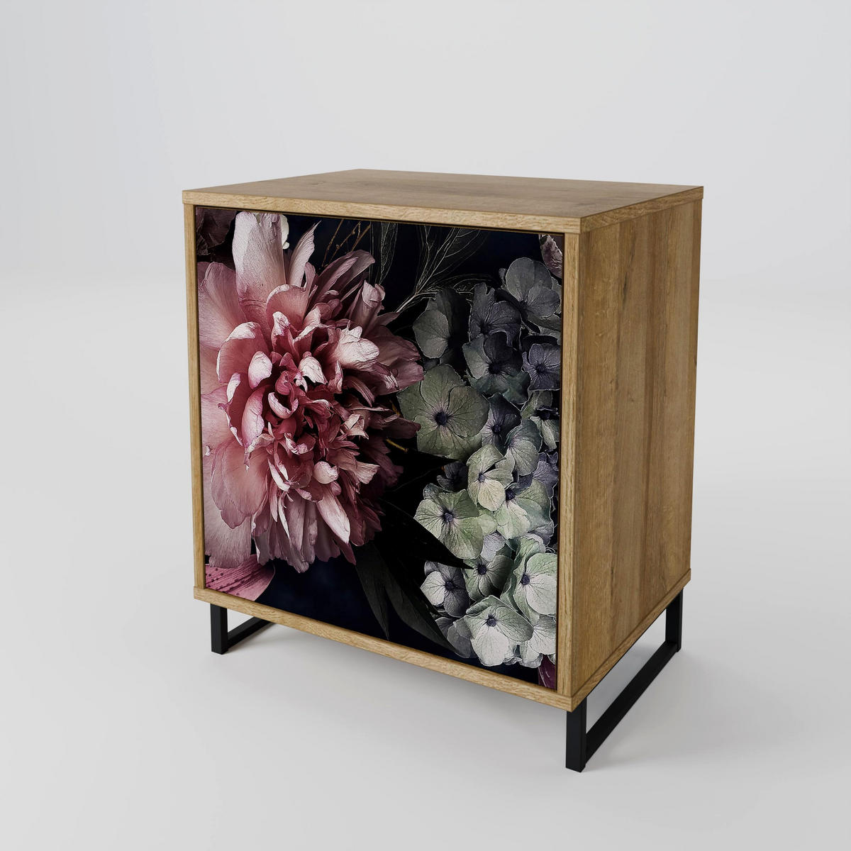 SIDEBOARD PURE BLOSSOM, Eichefarben, 57,5x42x70,5 cm, Schwarze Metall-Sternfüße - Eichefarben/Multicolor, Holzwerkstoff/Metall (57.5/70.5/42cm) - SpaceRebels