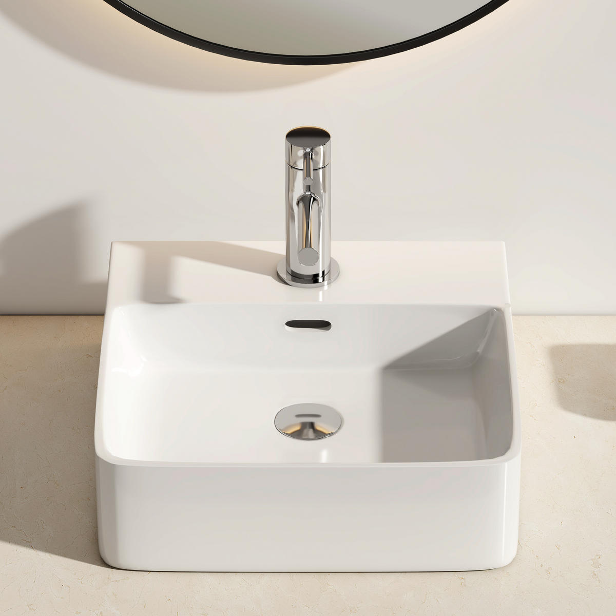 WASCHBECKEN mit 1 Hahnloch, Überlauf und Hahnlochbank, Weiß 42,5/41,5/12,5 cm - Weiß Hochglanz, Keramik (41.5/12.5/42.5cm) - EMKE