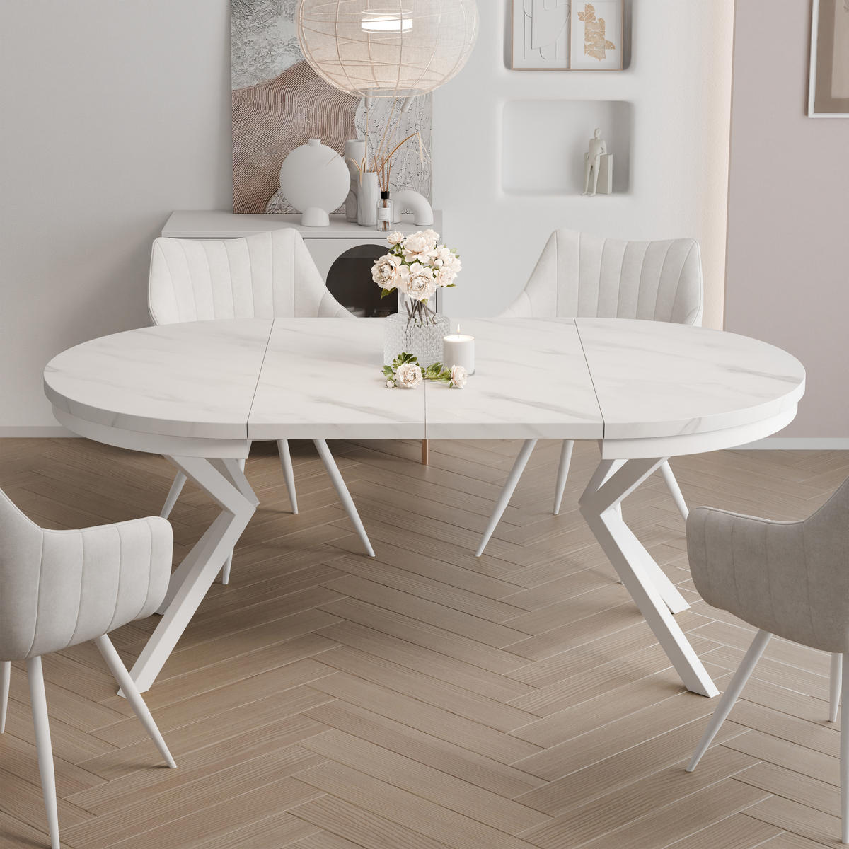 AUSZIEHTISCH MILTON 120-196/76 cm mit Metallgestell und Zarge, Weiß / Bianco Marmor - Perlmutt/Weiß, Holzwerkstoff/Metall (120/120/76cm) - Idohome