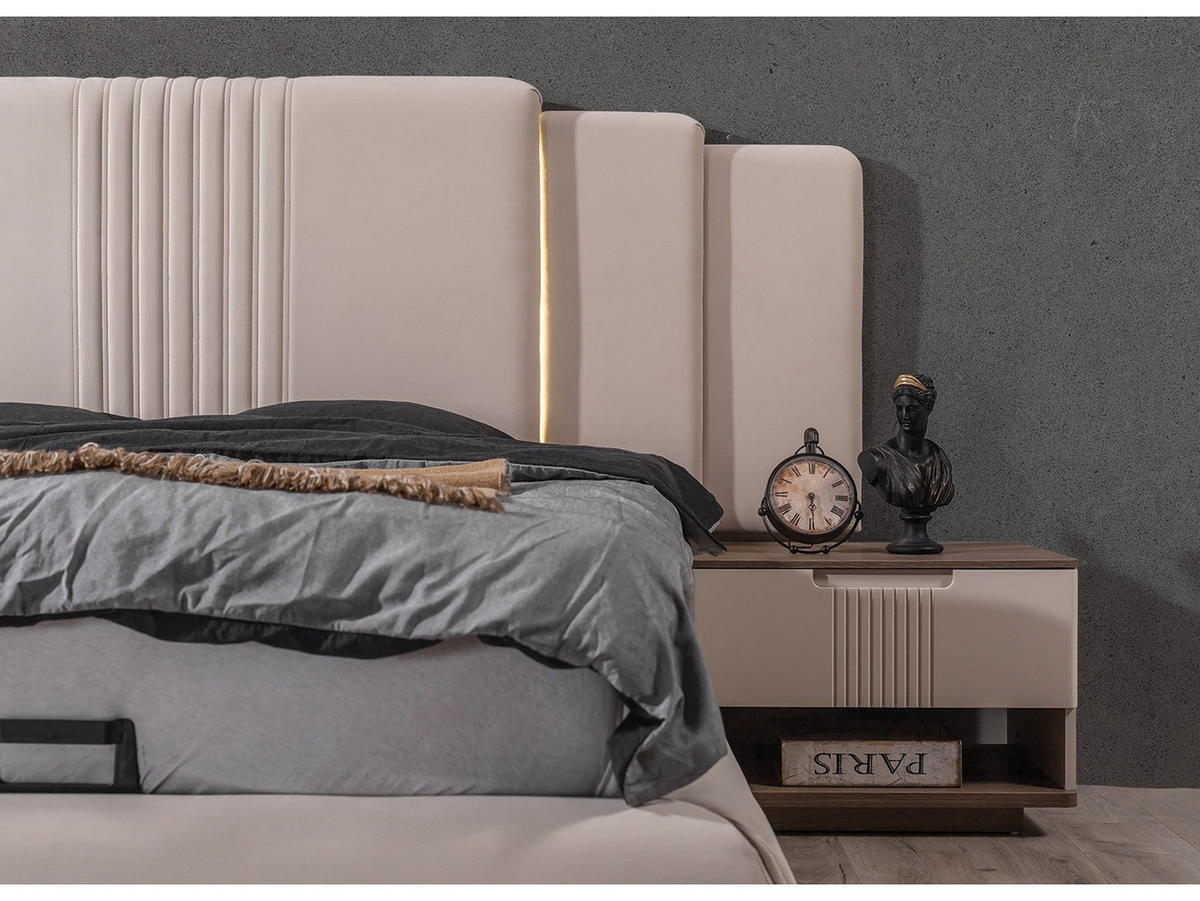BETTANLAGE SANTO Schlafzimmer-Set, 4-teilig, Beige, Bett mit Kopfteil, 2 Nachttische und Kommode - Beige, Leder/Holzwerkstoff (160/200cm) - Villa Möbel