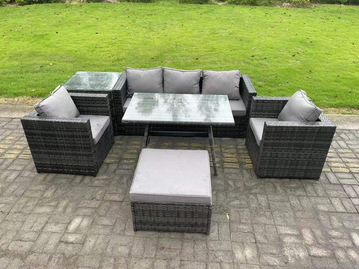 GARTENMÖBELSET mit Esstisch Hocker 6-Sitzer Grau - Dunkelgrau/Grau, Glas/Kunststoff - Fimous
