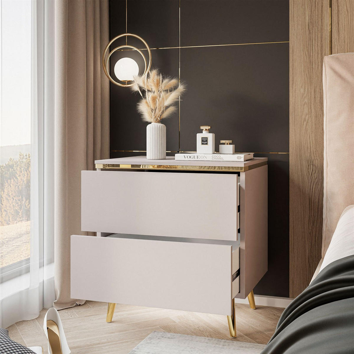 NACHTTISCH AURORA II auf schräge Gold Chrom Beine Kaschmir - Kaschmir/Goldfarben, Holzwerkstoff/Metall (50/53/37cm) - Lookway