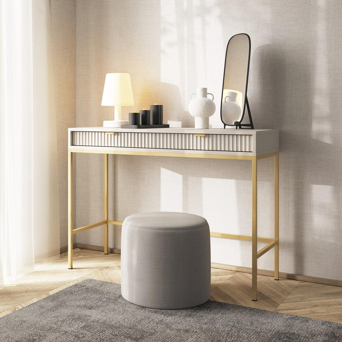 MODERNES Geriffelter Konsolentisch KIOTO T2SZ (Kaschmir, Gold Gestell, Vollauszug) - Kaschmir/Goldfarben, Holzwerkstoff/Metall (50/104/77cm) - Ravio