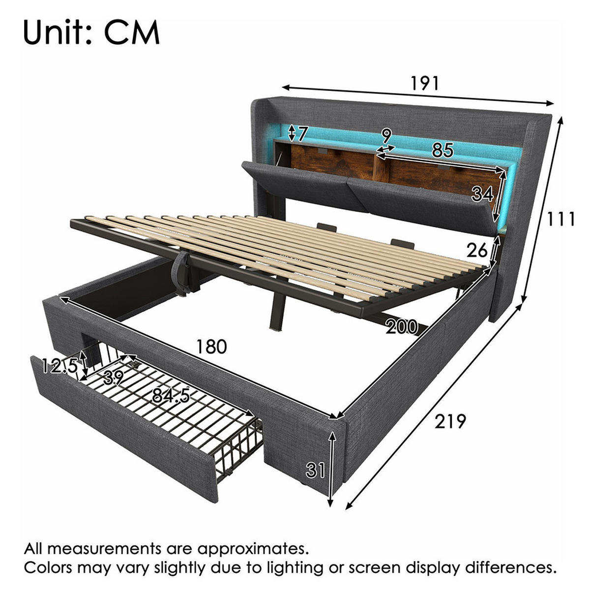 POLSTERBETT 180x200 cm ohne Matratze,Leinen in Grau - Grau, Textil (180/200cm)