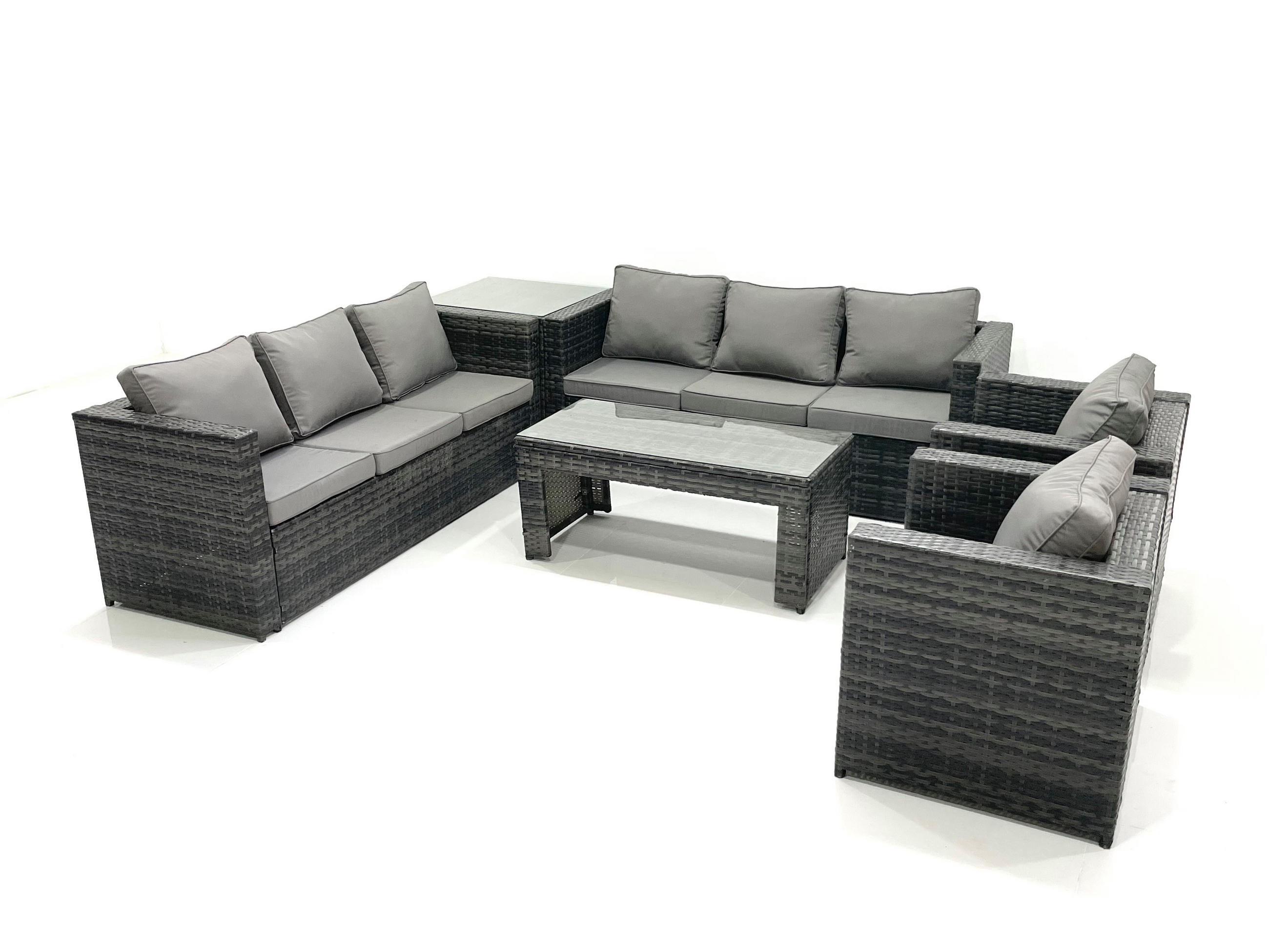 GARTENMÖBEL COUCHTISCH SET mit Sofa Polyrattan Outdoor 8-Sitzer - Dunkelgrau/Grau, Glas/Kunststoff - Fimous