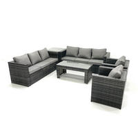 GARTENMÖBEL COUCHTISCH SET mit Sofa Polyrattan Outdoor 8-Sitzer - Dunkelgrau/Grau, Glas/Kunststoff - Fimous