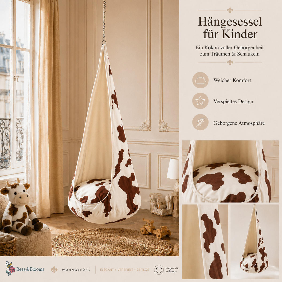 KINDER-HÄNGESESSEL XXL Kuh – weiche Cocoon-Schaukel zum Spielen und Entspannen - Braun, Textil (85/180/85cm) - Bees & Blooms