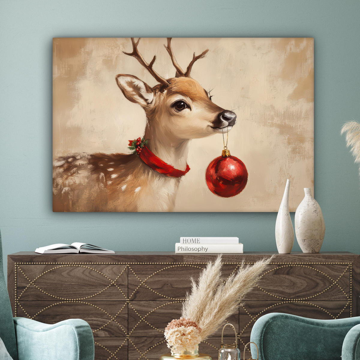 LEINWANDBILD Weihnachten - Hirsch - Geweih - Weihnachtskugel - Rentier XXL 150x100 cm - Hellbraun, Textil (150/100cm) - MuchoWow