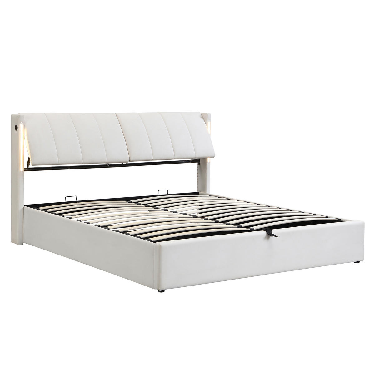 POLSTERBETT aus PU 140x190 cm Weiß mit LED-Beleuchtung, USB-/Type-C-Anschluss, Bettkasten und verstellbarem Kopfteil - Weiß, Kunststoff (140/190cm) - Modfu