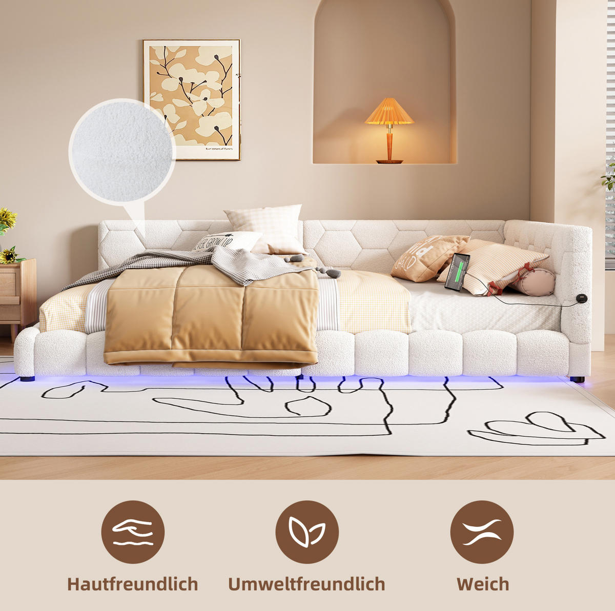 POHOVKA na spaní 140/200 cm bílá z MDF a imitace fleecu s LED osvětlením a USB - bílá, textil (140/200cm) - OKWISH