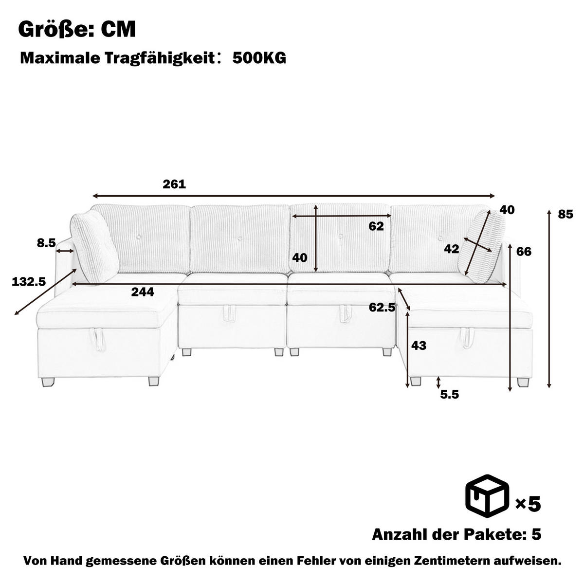 WOHNLANDSCHAFT 6-Sitzer Samt und Cord Antikgrau mit Stauraum - Grau, Holzwerkstoff/Kunststoff (261/85/132.5cm) - WISHDOR