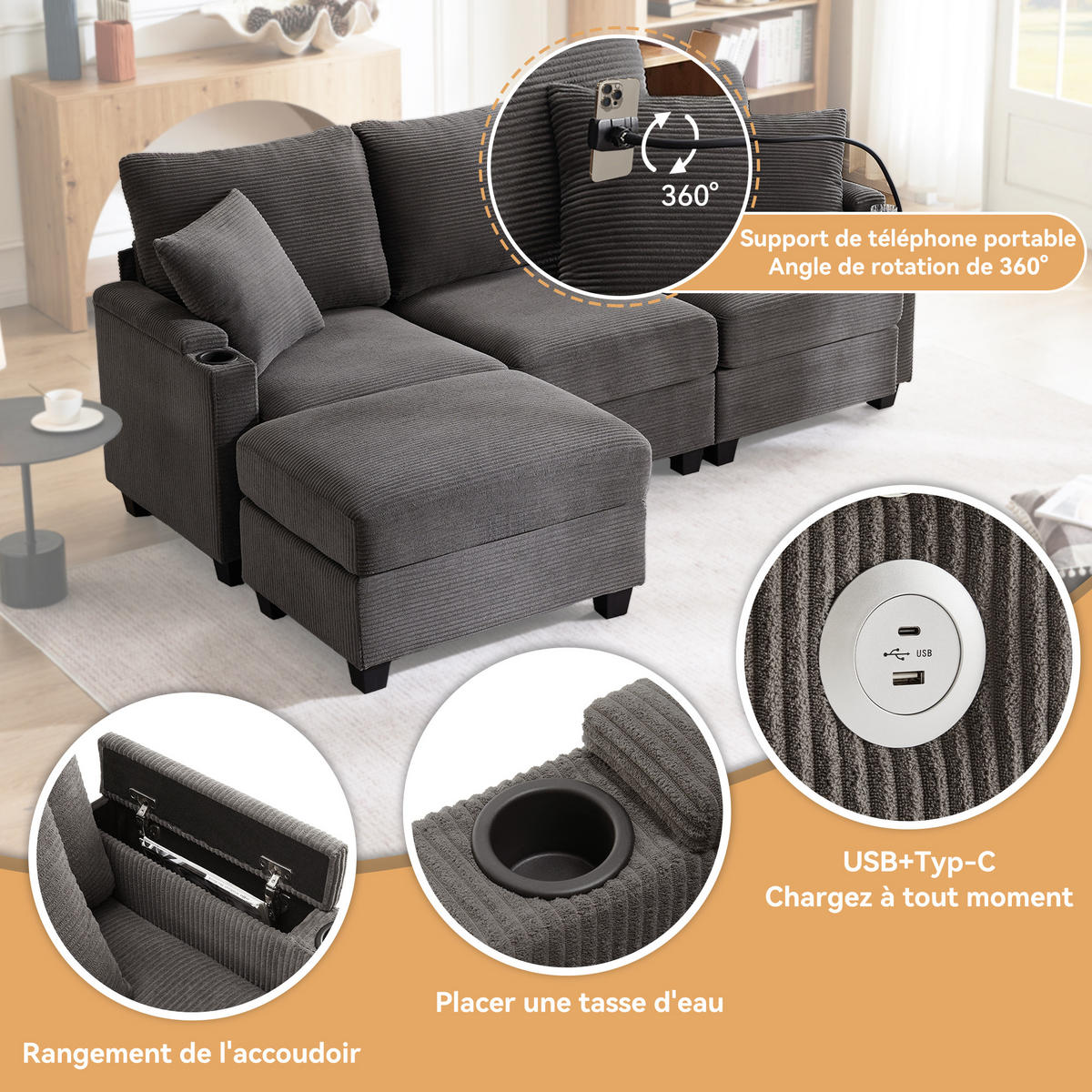 ECKSOFA 213.5x139x87 cm aus Cord mit USB-Ladegerät, dunkelgrau - Dunkelgrau, Textil (139/213.5cm) - Luhomfu