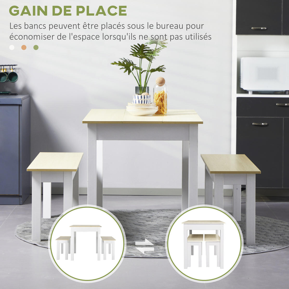 3-TEILIGE Essgruppe mit 2 integrierten Bänken für 4-6 Personen, moderner Stil, Spanplatte - Eichefarben, Kunststoff (119/75/70cm)