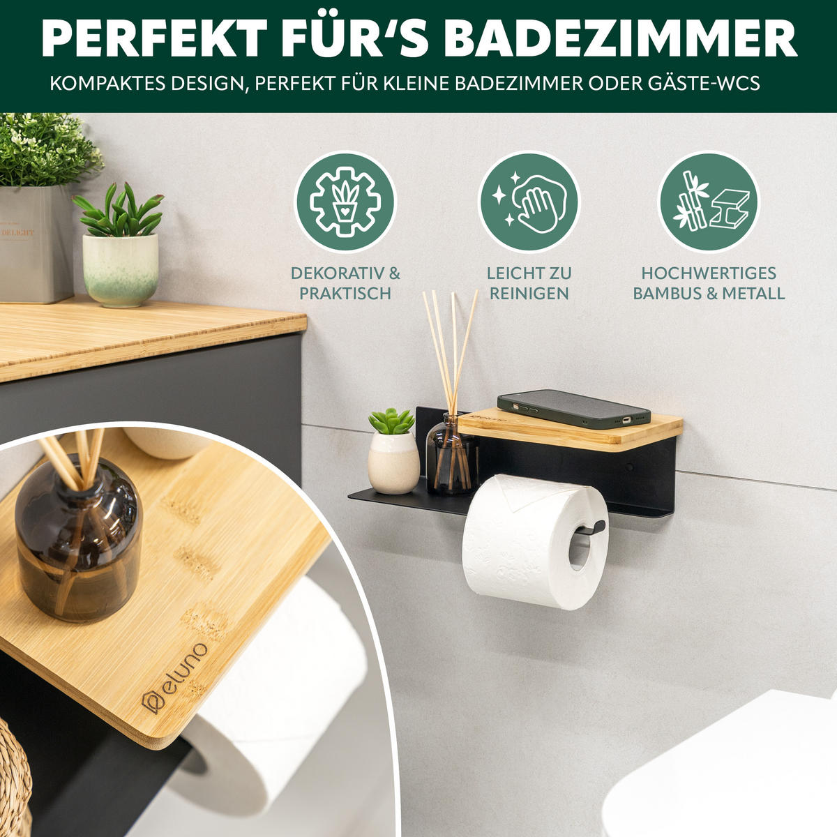 TOILETTENPAPIERHALTER VARAZ mit 2 Ablagen, Metall und Bambus - Schwarz, Metall (31.5/9.5/13cm) - eluno