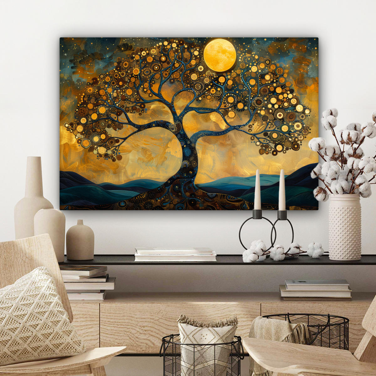 LEINWANDBILD Baum - Mond - Blumen - Gold - Kunst Wanddeko 90x60 cm - Orange, Textil (90/60cm) - MuchoWow