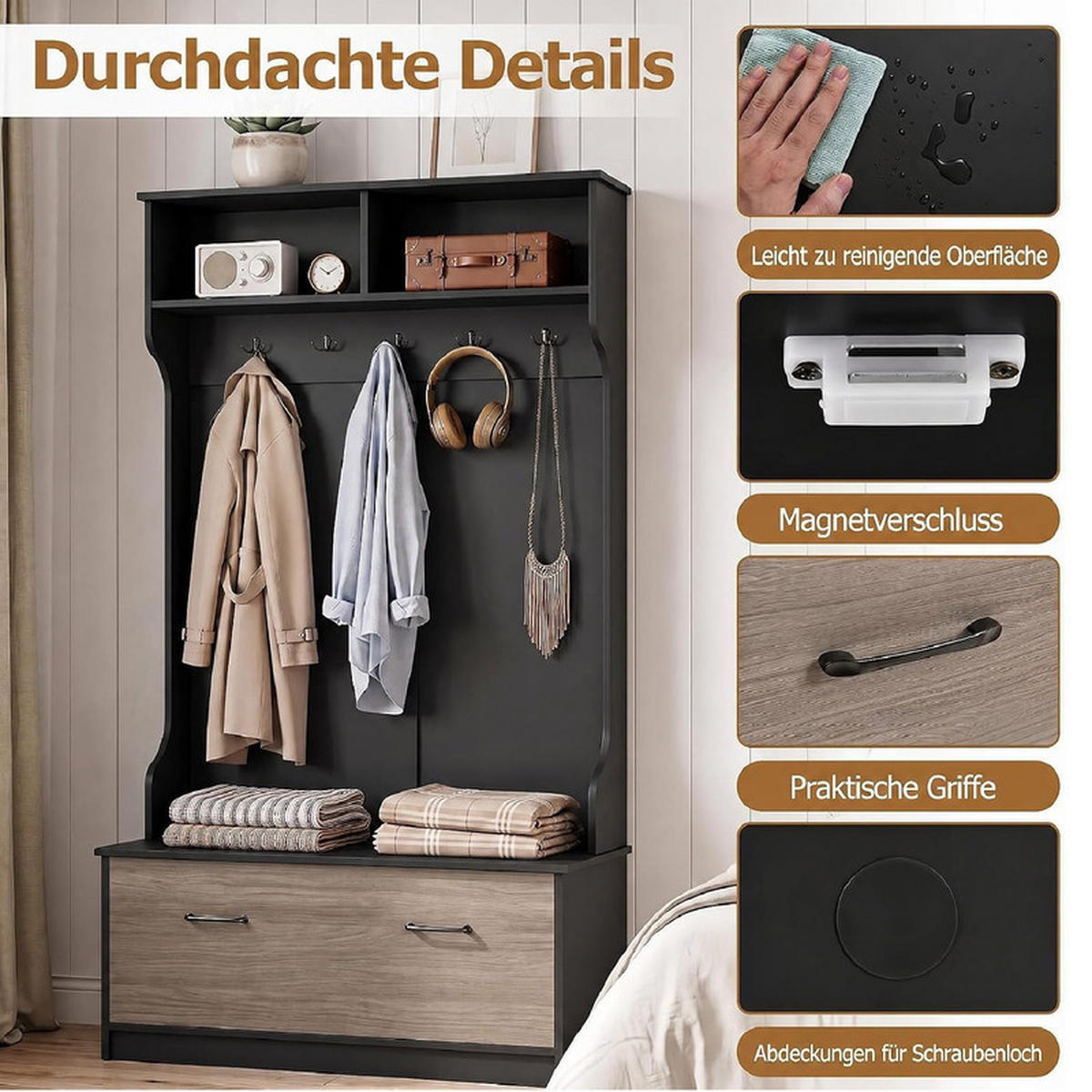 GARDEROBENSTÄNDER mit Schuhschrank schwarz - Schwarz, Holzwerkstoff (100/180/71cm) - COSTWAY