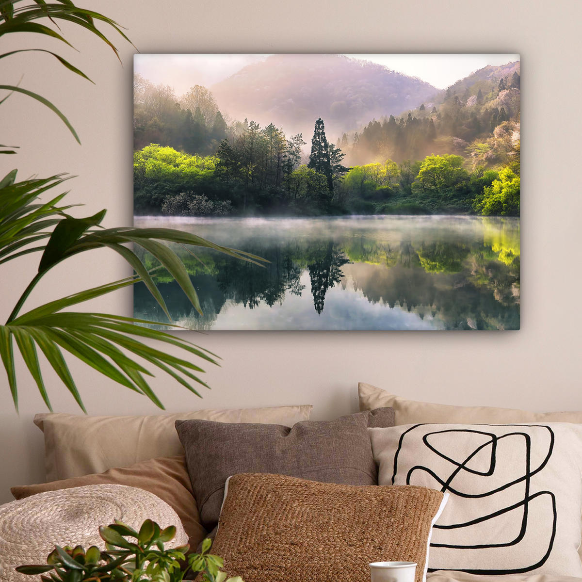 LEINWANDBILD Natur - Bäume - Berge - See - Wasser Wandbilder 80x60 cm - Hellgrün, Textil (80/60cm) - MuchoWow