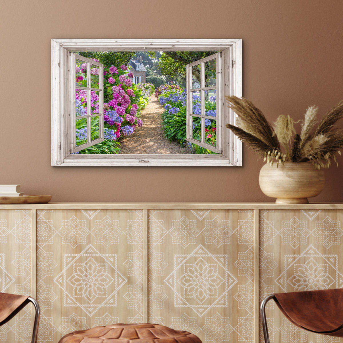 METALLBILD Hortensie - Fensterblick - Blumen - Sommer - Lila - Weg 60x40 cm - Lila, Metall (60/40cm) - MuchoWow