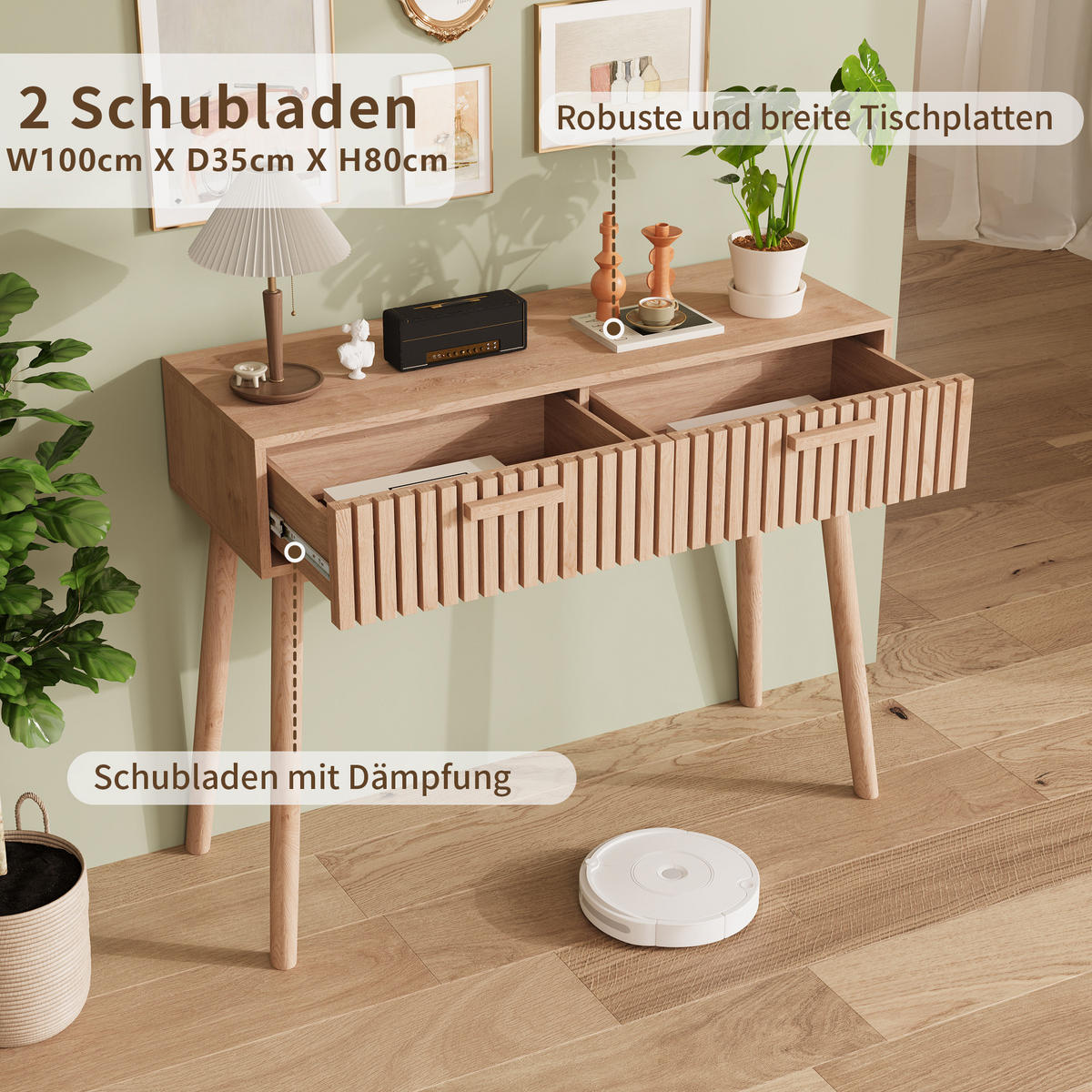 BEISTELLTISCH Massivholz natur, 2 Schubladen, offenes Fach, modern - Naturfarben, Holz (35/100/80cm) - EuroLiving