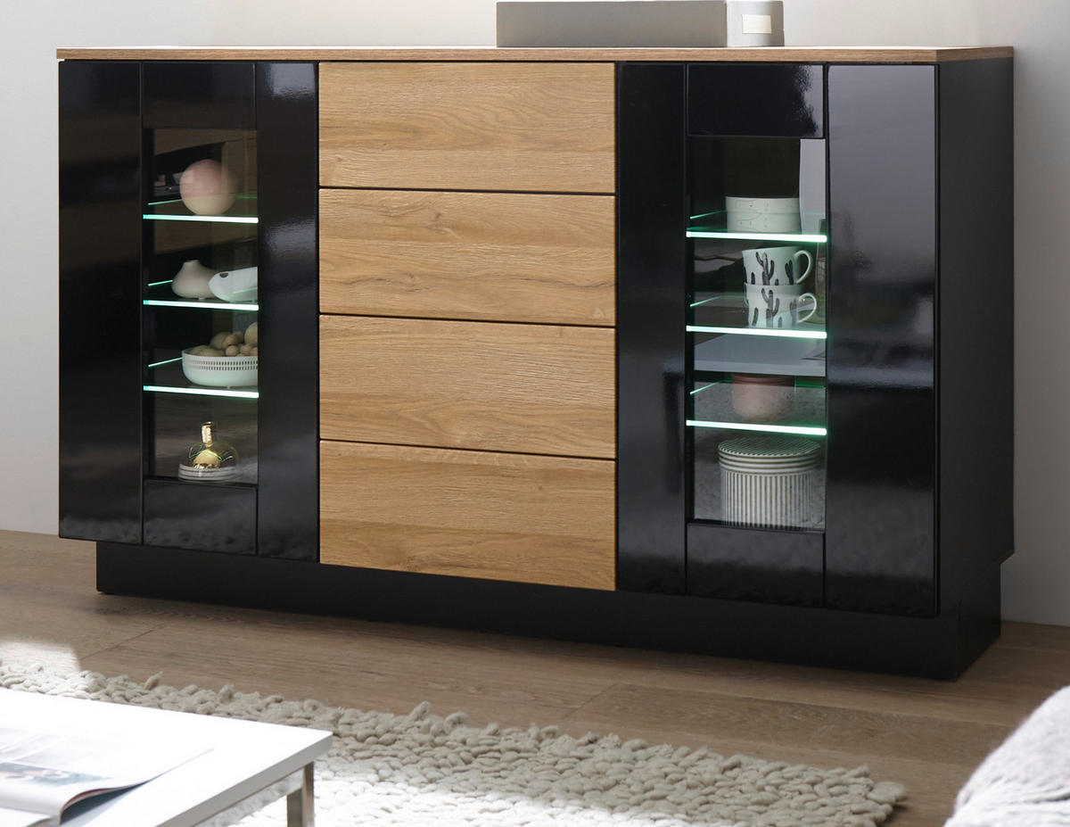 SIDEBOARD schwarz Hochglanz, Grandson Eiche, Kommode 136 x 85 cm - Schwarz Hochglanz/Eichefarben, Glas/Holzwerkstoff (136/85/43cm) - Furn.Design