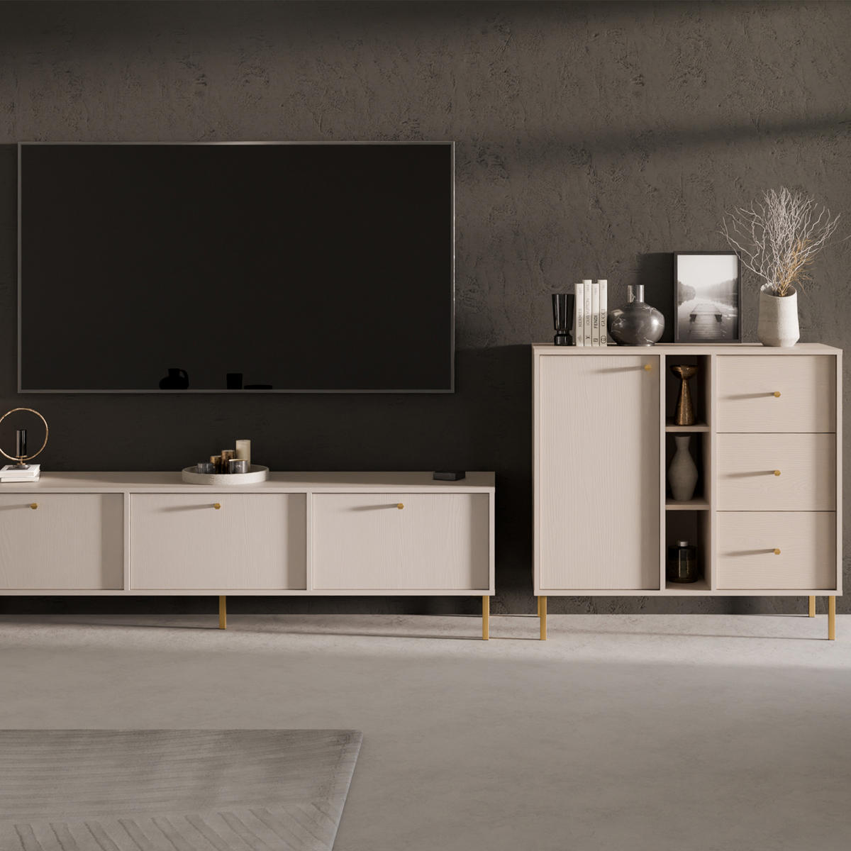 KOMMODE FLOREN, Creme/Gold - Creme, Holzwerkstoff/Metall (100.2/95/40.8cm) - KONSIMO®
