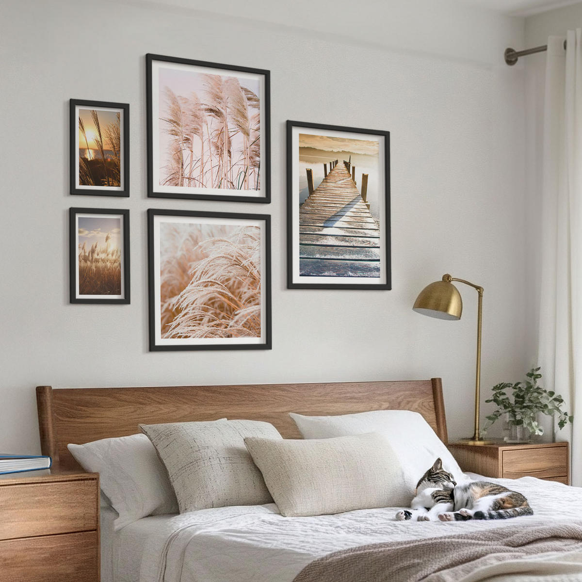 BILDER SET 5er Set - 50x50 cm & 20x30 cm & 40x60 cm Schwarzer Rahmen - Boho-Grasfeld-Sonnenuntergang - Schwarz, Kunststoff (40/60cm) - TULUP