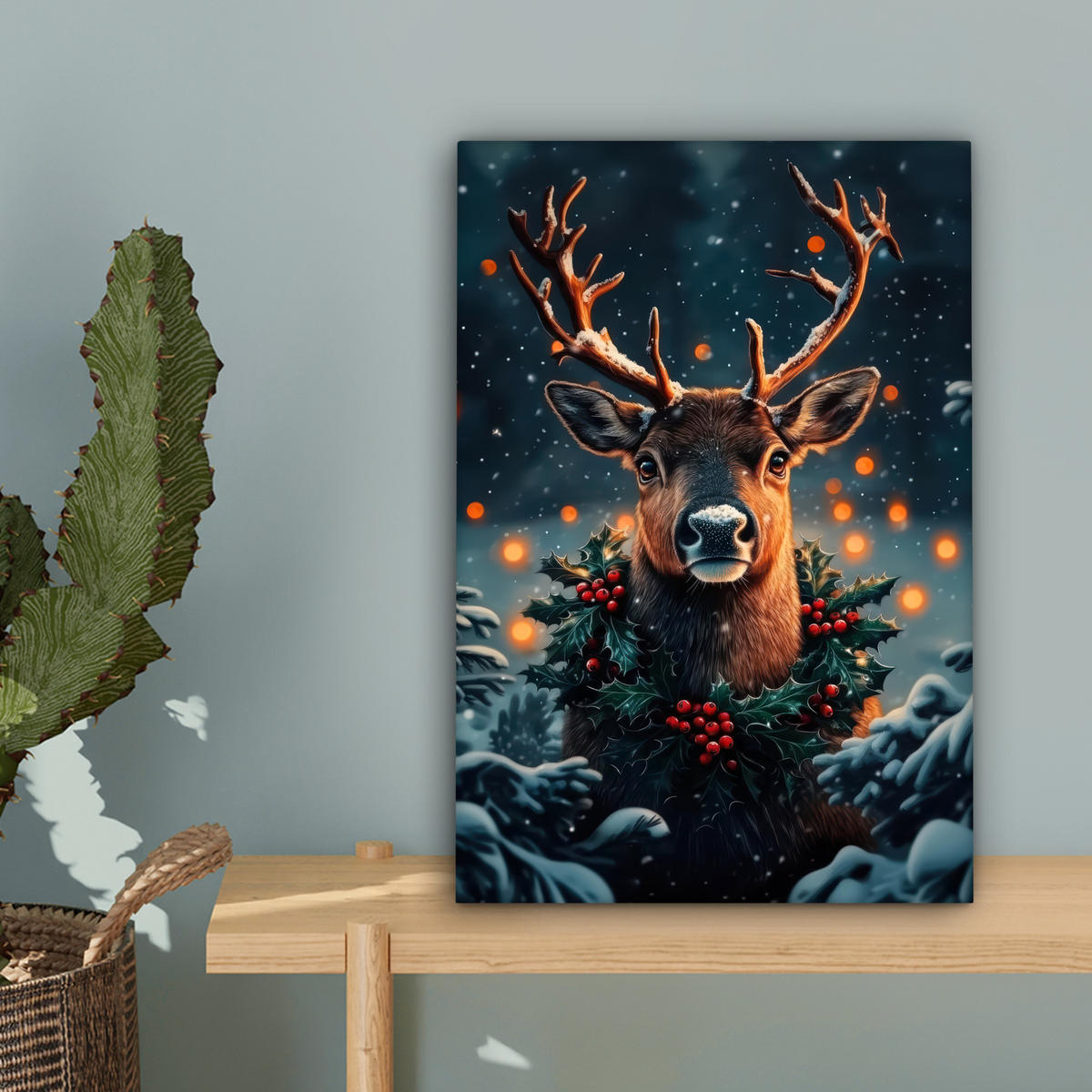 LEINWANDBILD Hirsch - Weihnachten - Winter - Schnee - Weihnachtskranz 20x30 cm - Dunkelbraun, Textil (20/30cm) - MuchoWow