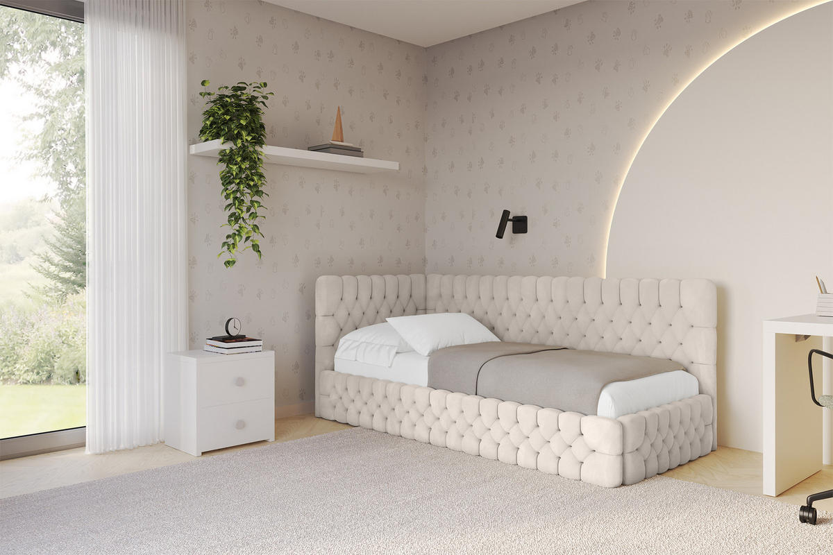 EINZELLBETT Jugendbett mit Bettkasten und Matratze H3/H4, Rechts - MULY 100x200 Beige - Sandfarben, Holzwerkstoff/Textil (100/200cm) - ALTDECOR