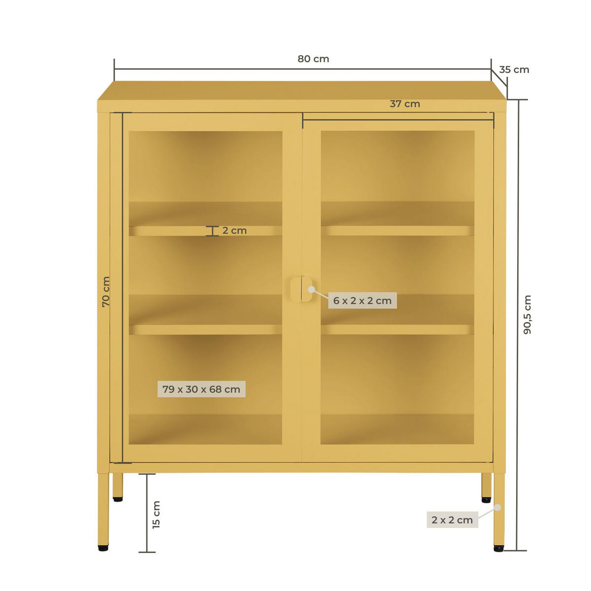 METALLVITRINE Baker, Kippschutz, höhenverstellbare Füße, gelb - Gelb, Metall (80/90.5/37cm) - tectake